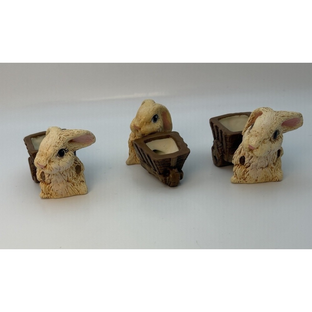 Lot of Three Rabbit Figurines Stone Resin Ceramic Brown Tan Small Wheelbarrow